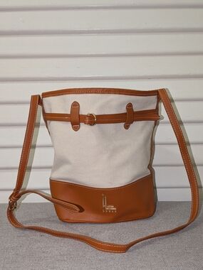 Neutral Canvas & Tan Leather Bucket Bag by